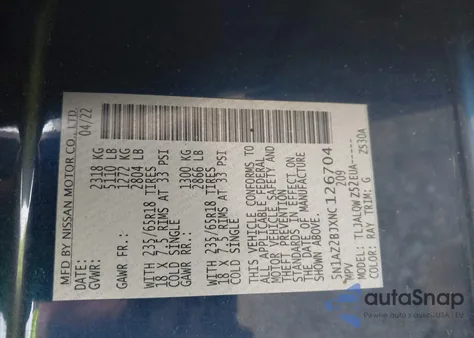 2022 Nissan Murano Sv Fwd из США, поврежденный, VIN 5N1AZ2BJXNC126704